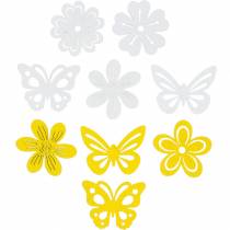 Artikel Blomster og sommerfugle til at drysse gul, hvidt træ drys dekoration forår dekoration 72stk