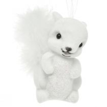 Artikel Hvide egern 6 cm charms med glitter og fjerdetaljer - Perfekt til festlig juletræsdekoration - pakke med 2