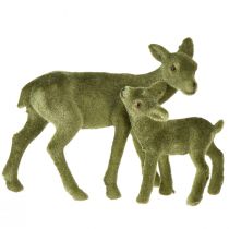 Hjorte dekorative figurer Julegrønt flokket hjorte med fawn i sæt H9/5,5cm 4 stk.