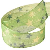 Artikel Julebånd med stjerner gavebånd grønt med trådkant 40mm 15m