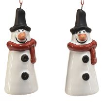 Artikel Happy Snowman hængende dekoration - Hvid med rødt tørklæde og sort hat, 7,5 cm - Perfekt til festlige juletræer - Pakke med 2