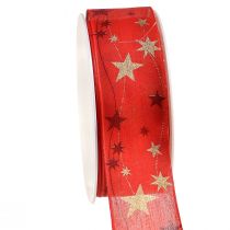 Artikel Julebånd rødt bånd med stjerner trådkant 40mm 15m