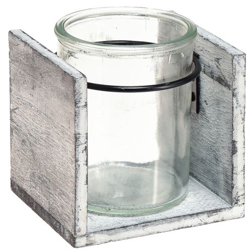 Fyrfadsstage af glas i rustik træramme - grå-hvid, 10x9x10 cm 3 stk - charmerende borddekoration
