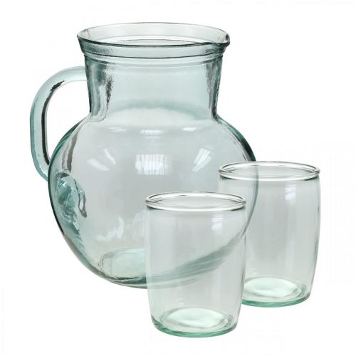 Glaskande med drikkeglas, drikkevaresæt til servering blålig klar H20cm/11,5cm 5 stk.