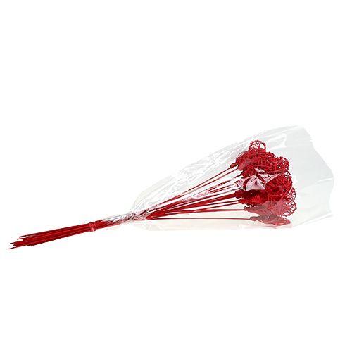 Floristik24 Rattan hjerte på pind rød 7cm L45cm 18 stk