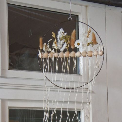 Artikel Dekorationsring, metal, træperler, Ø30 cm, sort, hvid, naturlig, sæt med 4