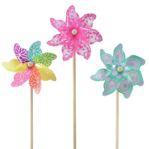 Floristik24 Pinwheel pink turkis farverig sommerdekoration Ø15cm H48cm 3stk