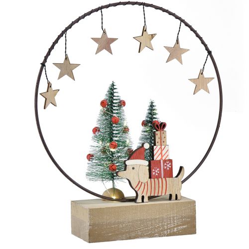 Dekorativ ring træ metal jul med hund Ø21cm H25cm