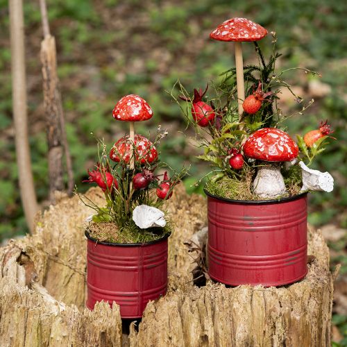 Paddehatte på pind, rød, 5,5 cm, sæt med 6 - dekorative efterårssvampe til haven og hjemmet