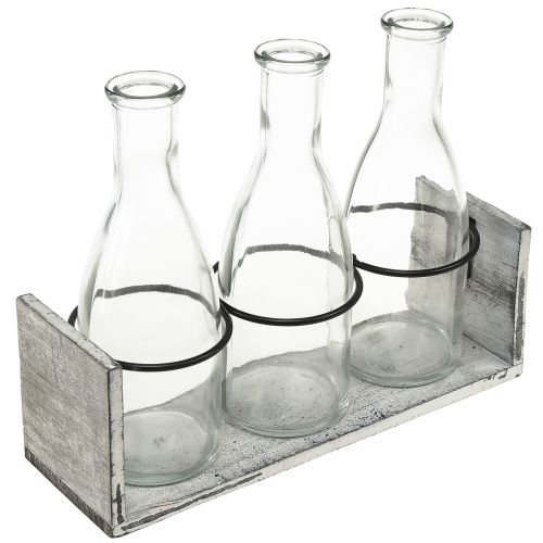 Rustikt flaskesæt i træstøtte - 3 glasflasker, grå-hvide, 24x8x20 cm - Alsidig til dekoration