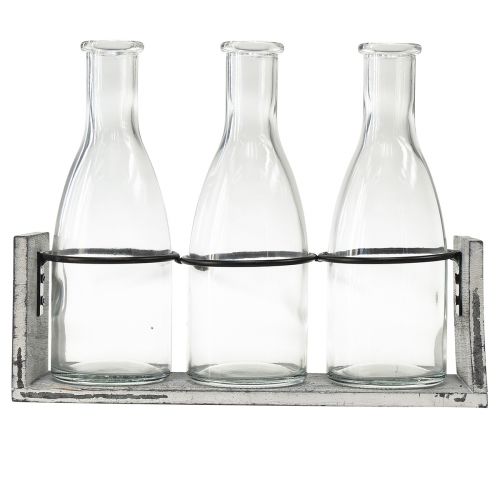 Artikel Rustikt flaskesæt i træstøtte - 3 glasflasker, grå-hvide, 24x8x20 cm - Alsidig til dekoration