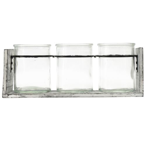 Artikel Rustikt glasbeholdersæt i gråt og hvidt træstativ - 27,5x9x11 cm - Alsidig opbevarings- og dekorativ løsning