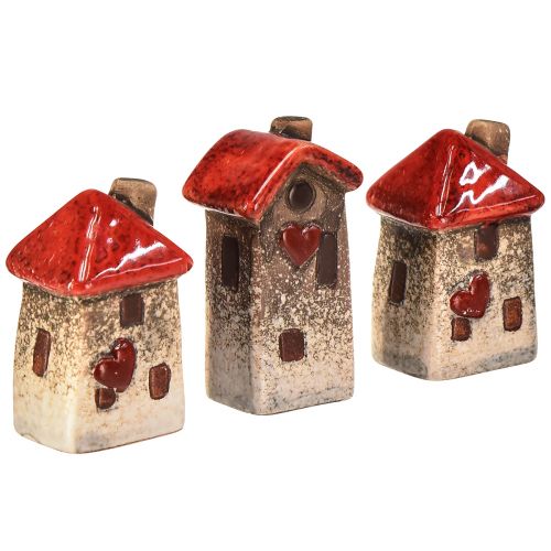 Keramikhuse 6 stykker med rødt tagvindue og hjerte - 6 cm - Idyllisk dekoration til hjem og have