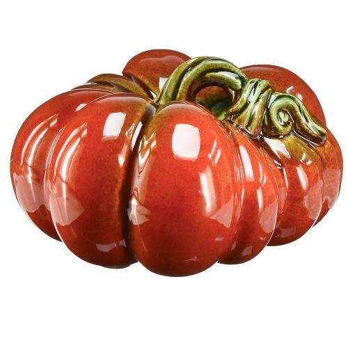 Skinnende keramisk græskar i lys rød-orange med grøn stilk - 21,5 cm - ideel efterårsdekoration