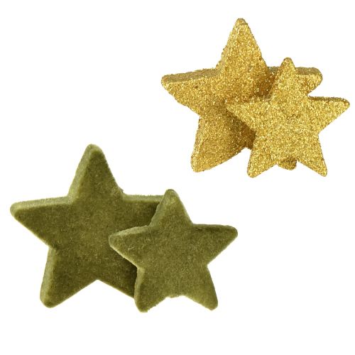 Scatter dekoration stjerner grøn og guld med glitter bordpynt Jul 4/5cm 40 stk